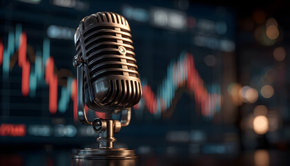 Retro glowing microphone with blue stock market chart background. Podcast audio recording radio report concept.
