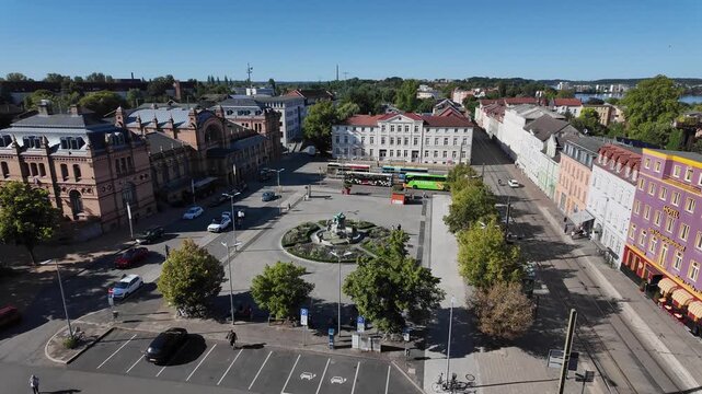 View of Grunthalplatz square by the central train station from above in Schwerin, Germany
