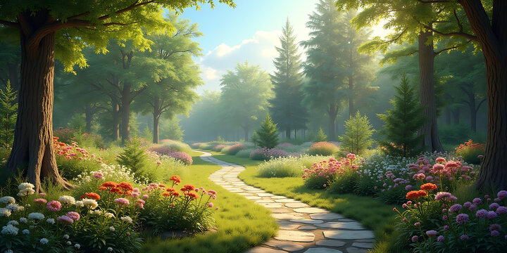 Enchanting stone path winding through a lush forest garden in morning sunlight