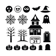 Halloween Silhouette Icon Set with Pumpkins, Ghosts, Bats, Witches, Spiders, Gravestones, Haunted Houses, Black Cats, and Creepy Elements