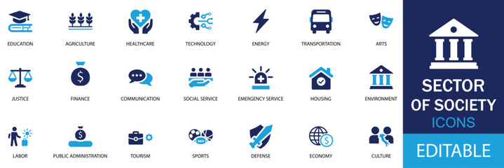 Sector of society icon set. Including education, agriculture, healthcare, energy, technology, transportation, arts, justice, finance, communication, housing, and more.  Solid vector icons collection.