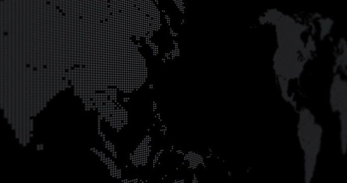 World map design created with small dots that advance horizontally on a black background with perspective and camera blur.