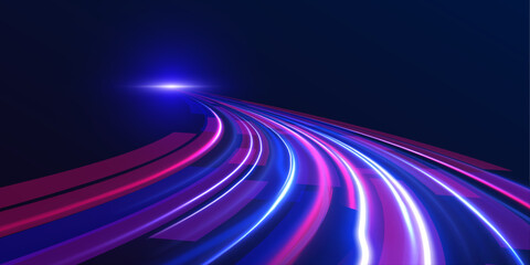 This graphic showcases the flow of high-speed data traffic, illuminated by neon light and dynamic light traces. The design reflects the concept of big data traffic streams.	