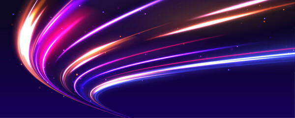 Obraz premium Explore the captivating movement of neon light in this dynamic illustration. The zigzag and arc shapes, enhanced with blue, yellow, and orange hues, create a visually exciting effect. 