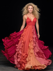 Confident woman with curly blonde hair wearing flowing red and orange ruffled dress, posing gracefully against black background