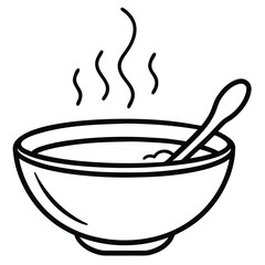 A simple black and white illustration of a steaming bowl of soup with a spoon perfect for culinary or comfort food themes