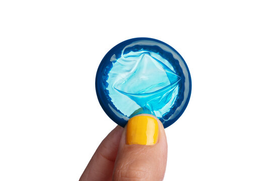 Macro shot of a blue condom held between fingers with yellow nail polish, isolated on transparent background, emphasizing safe sex. - Powered by Adobe