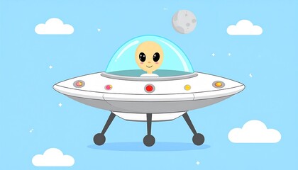 Cute alien in a flying saucer against a pastel sky