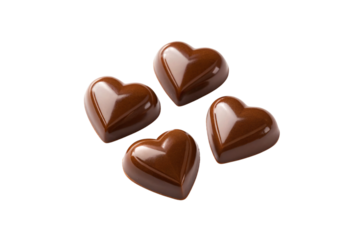 Four glossy dark chocolate heart-shaped candies arranged in diamond pattern on white surface, isolated on a transparent background