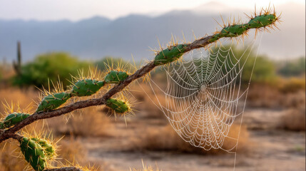 Cactus branch with sharp spines and delicate spider web covered in morning dew in dry desert landscape with mountains in background