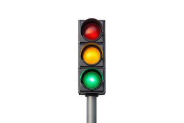 Vertical traffic light displaying red, amber, and green circular signals on pole, isolated on a transparent background