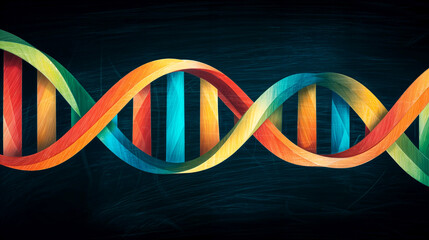 a colorful representation of a double helix structure, resembling DNA, against a dark, textured background. The helix is composed of vibrant, rainbow-colored segments.