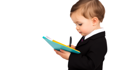 Little boy in business suit diligently writing with pen, cut out transparent