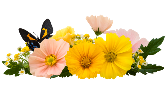 Black butterfly, yellow and pink flowers, vibrant floral bloom, cut out transparent