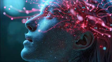 a person's face, with intricate details and a digital, almost cybernetic appearance. Red and blue lights are emanating from the hair, adding a futuristic and ethereal quality to the scene.