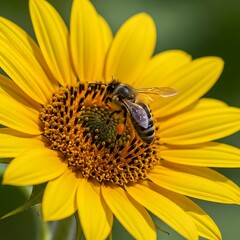 A honey bee diligently collecting golden pollen from a vibrant yellow sunflower in a summer garden.