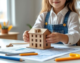 Girl in an architect outfit proudly presents a building model