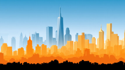 City skyline with tall buildings in blue and orange gradient under clear sky, creating vibrant and dynamic urban atmosphere