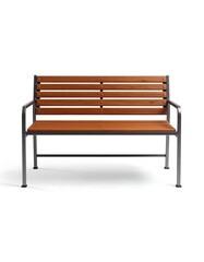 Modern park bench, light brown wood slats, gray metal frame