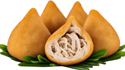 Crispy stuffed pastries with shredded chicken on a green garnish