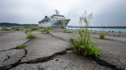 Fototapeta premium Abandoned white cruise ship stranded near shoreline on cracked concrete with overgrown grass, under cloudy gray skies and hazy atmosphere, emphasizing decay, isolation, and desolation.