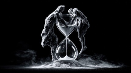 Abstract melting hourglass where distorted human figures emerge from sand and vanish into dark mist.