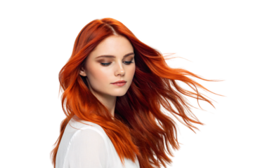 Portrait of woman with long flowing auburn hair in profile wearing white shirt, isolated on a transparent background
