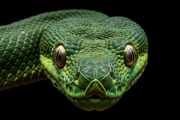 Fototapeta premium A powerful and focused studio shot of a venomous green snake's face, emphasizing its scaly texture and menacing eyes against a simple black backdrop