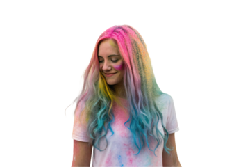 Young woman covered in colorful powder paint with rainbow hair looking down, isolated on a transparent background