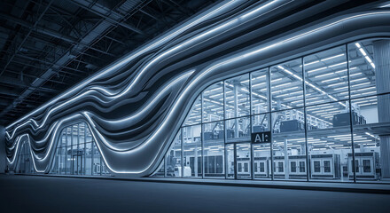 Obraz premium Futuristic airport or station building featuring a sleek, wavy illuminated facade and expansive glass windows revealing the interior.