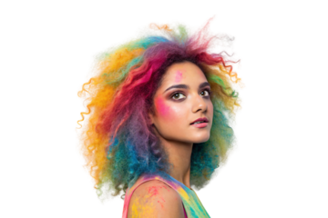 Portrait of woman with explosive rainbow afro hair covered in color powder, isolated on a transparent background