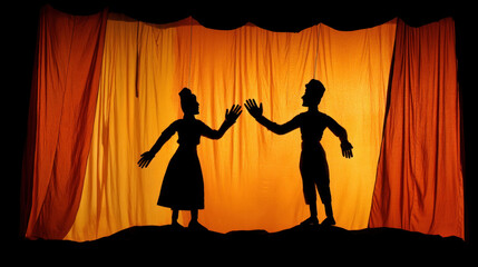 Silhouettes of two people performing shadow puppetry behind orange curtain, creating dramatic and artistic scene
