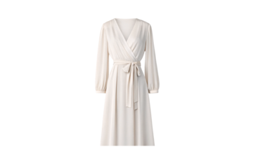 Cream-colored wrap dress with long sleeves and tie waist featuring elegant draping, isolated on a transparent background