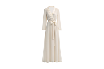 Cream wrap dress with long sleeves and belt waist in maxi length, isolated on a transparent background