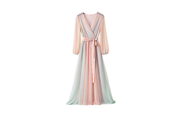 Pastel rainbow gradient wrap dress with long sleeves and flowing maxi silhouette design, isolated on a transparent background