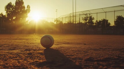 Baseball on Dirt Field with Fence and Setting Sun