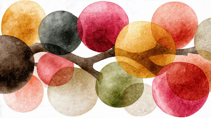 an abstract watercolor painting with overlapping circular shapes in various colors, including red, yellow, green, brown, and white. The background is white, and the painting has a modern style.