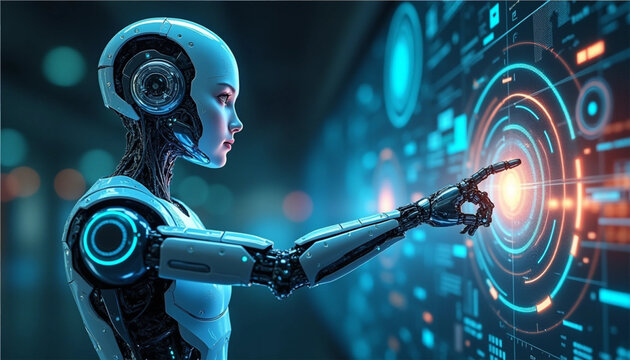 Futuristic Female AI Robot Interacting with Advanced Technology Interface