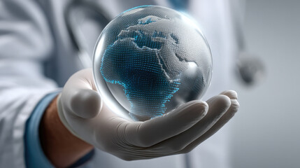 Doctor hand with glove holding digital globe, futuristic medical data transfer, global healthcare innovation, technology concept