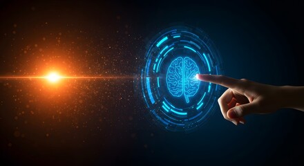 A human finger touches a digital brain icon within a futuristic blue circuit interface, illuminated by a bright orange light
