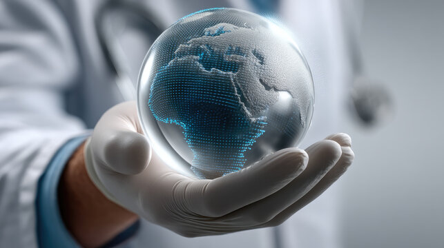 Doctor hand with glove holding digital globe, futuristic medical data transfer, global healthcare innovation, technology concept