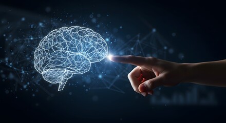 A human finger interacts with a luminous, wireframe representation of a human brain, set against a dark, technologically advanced background