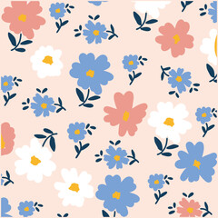 Vibrant coral and green floral pattern with delicate blossoms,A charming, seamless pattern featuring coral-colored flowers and green foliage on a white background.