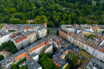 Aerial view of the dense urban layout with buildings and green spaces blending together, creating a vibrant tapestry of urban life., Berlin, Volkspark Friedrichshain, Germany.