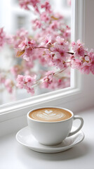 Obraz premium Cozy coffee moment with blooming cherry blossoms by the window