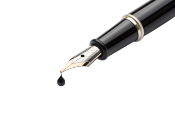Elegant black fountain pen with gold accents dropping ink from ornate nib, isolated on a transparent background