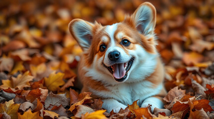 Playful smiling corgi puppy happily playing in dry fallen autumn leaves