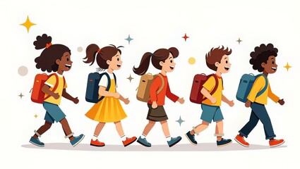 Fototapeta premium Happy Diverse Kids Walking to School Together