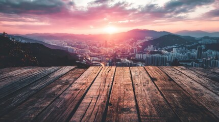 Wooden Tabletop At Sunset City View