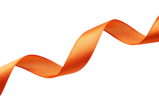 Flowing orange gradient satin ribbon curving elegantly through space creating graceful waves and undulating motion, isolated on a transparent background